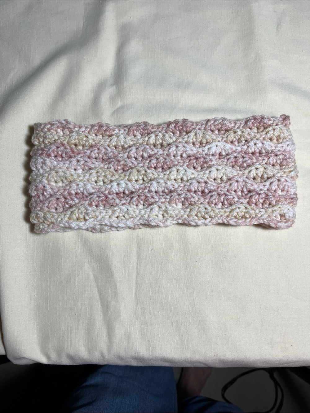 Hand Crafted Peach & Cream Crochet Knit Ear Warmer M/L